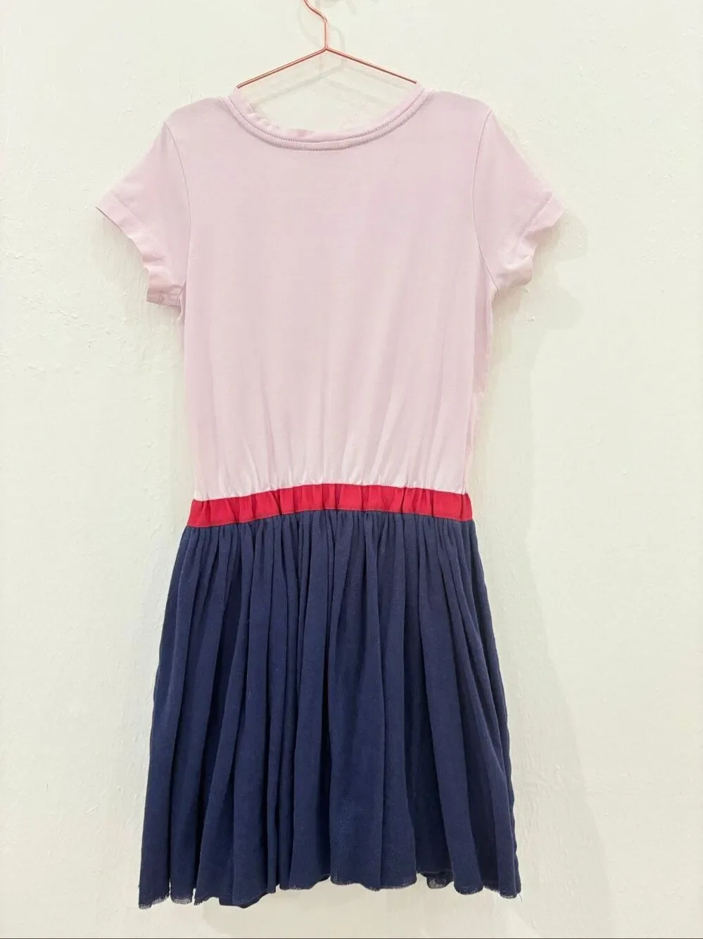 Hanna Andersson Size 140 US 10 girls Pink Top Navy Blue Telle Skirt Dress Bow